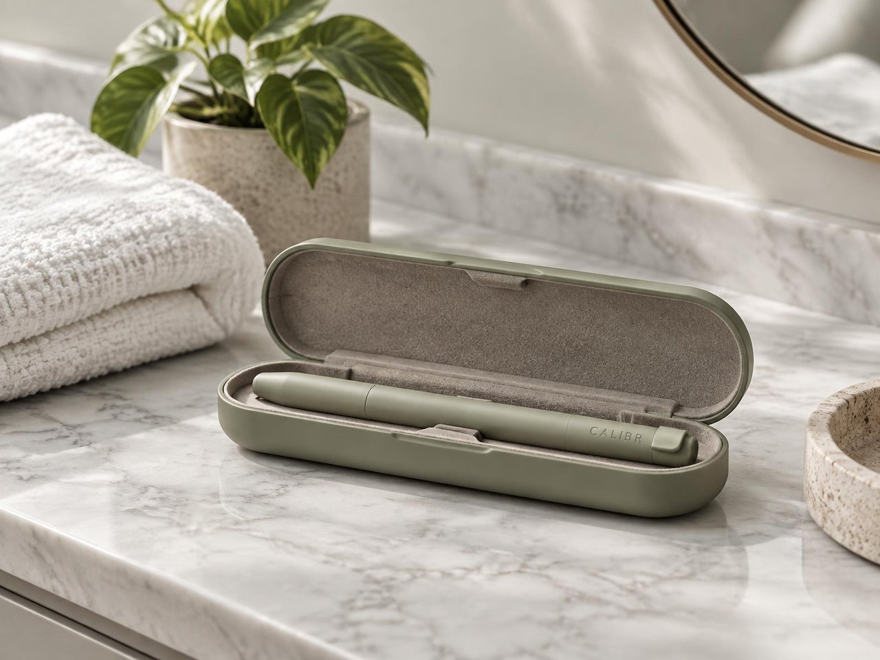 Reusable pen and case arranged on a warm vanity surface